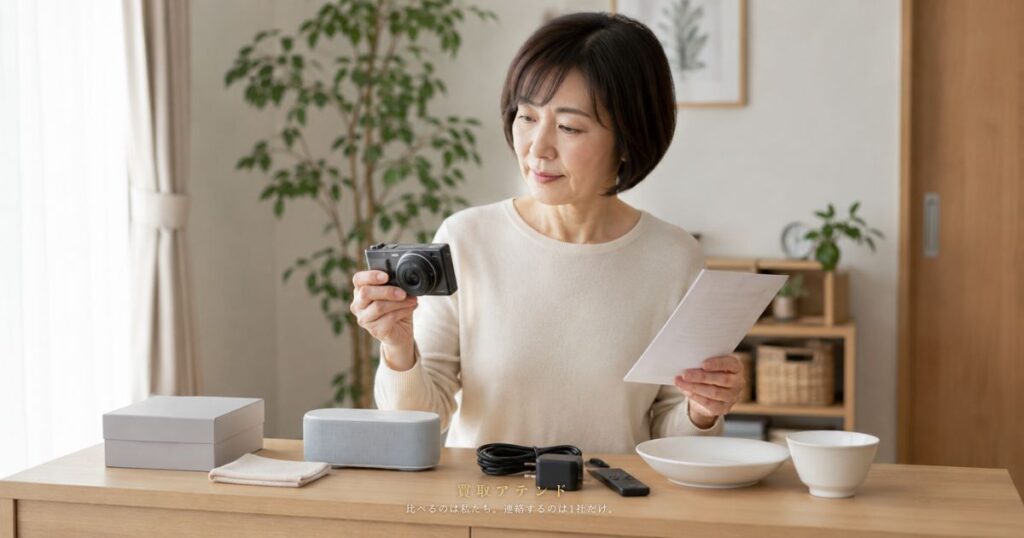 出張買取の査定前に売却候補品の状態と付属品を確認する日本人利用者