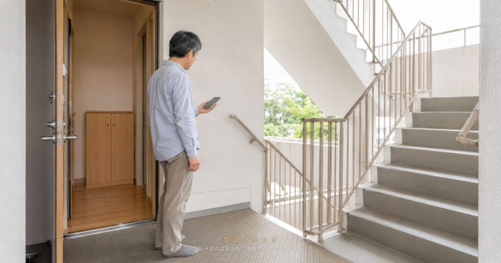 エレベーターのない集合住宅の階段と大型品の搬出経路を確認する日本人利用者