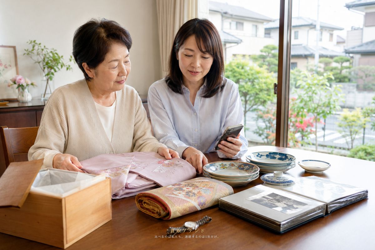 立川市の明るい住宅で日本人家族が出張買取の相談品を確認しているイメージ