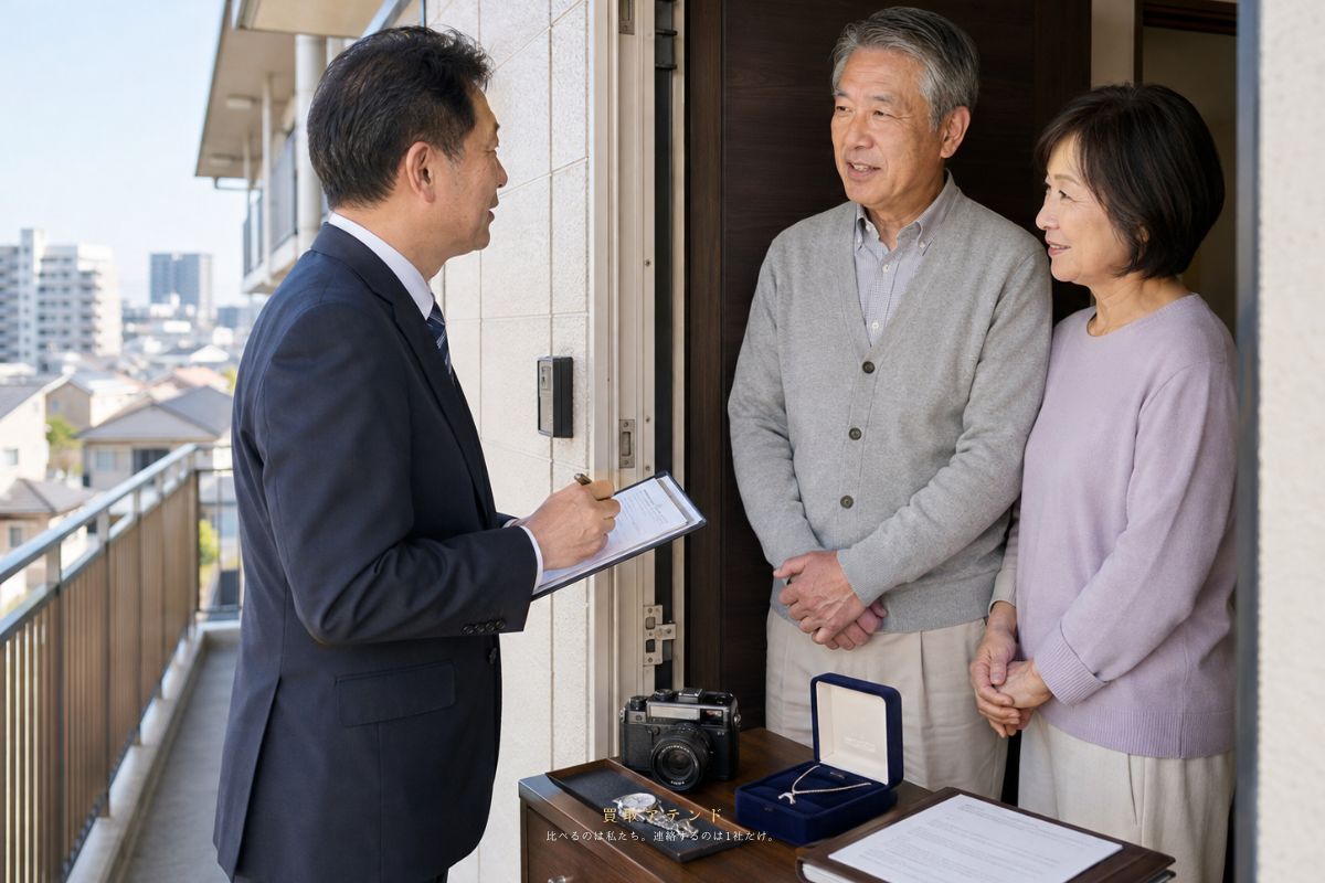 立川市の住宅玄関で住人が共用廊下側の出張買取スタッフと品物を確認するイメージ