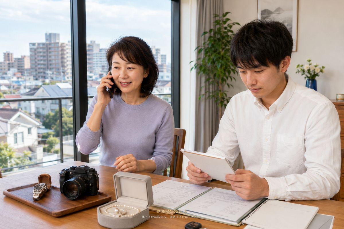 日本人家族が立川市の出張買取相談内容を電話とメモで確認しているイメージ