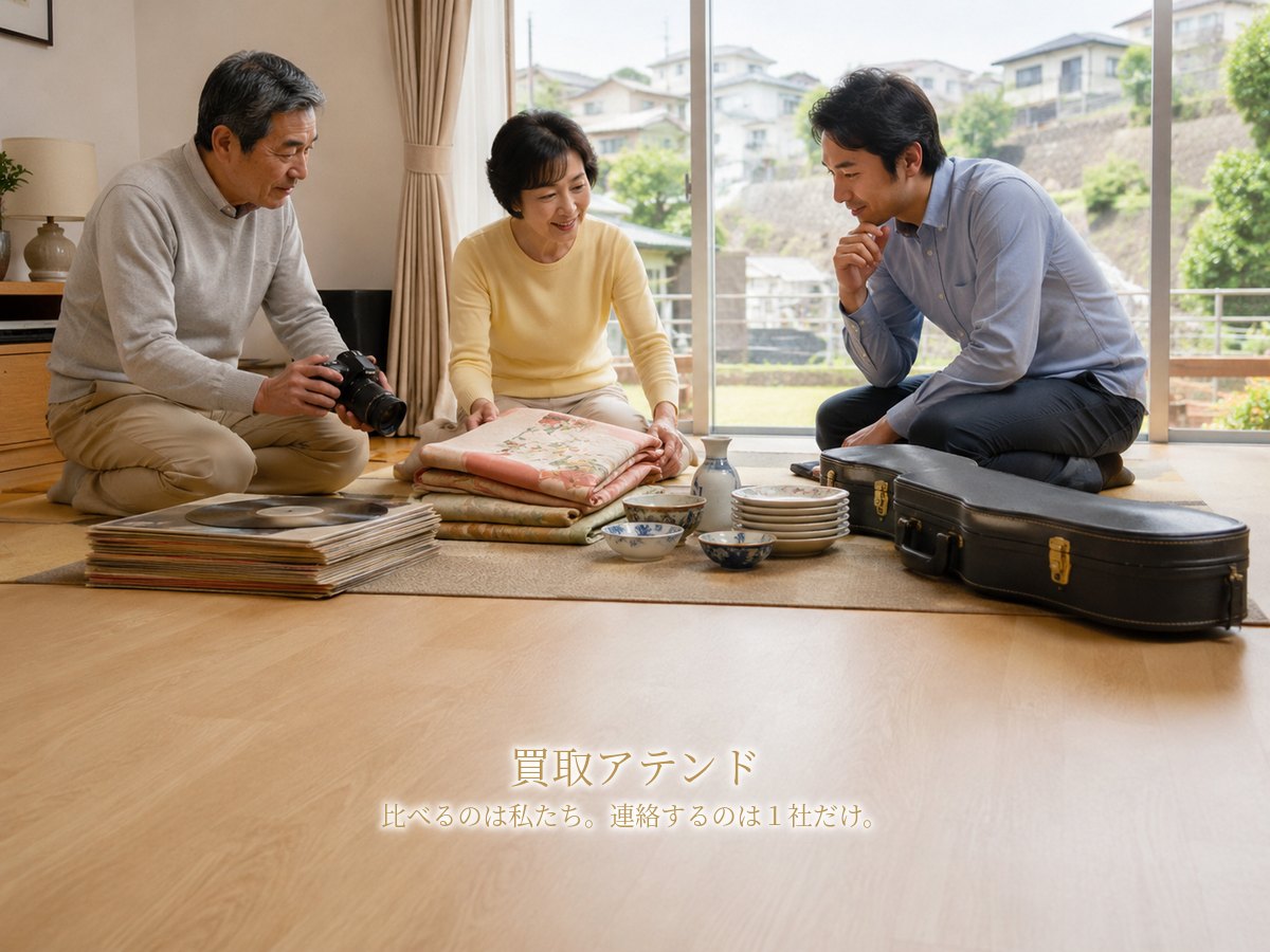 川崎市高津区の自宅で出張買取の相談品を確認するイメージ 川崎市高津区の坂のある住宅地の戸建てで日本人家族が着物や食器、カメラ、レコード、楽器ケースを確認するイメージ