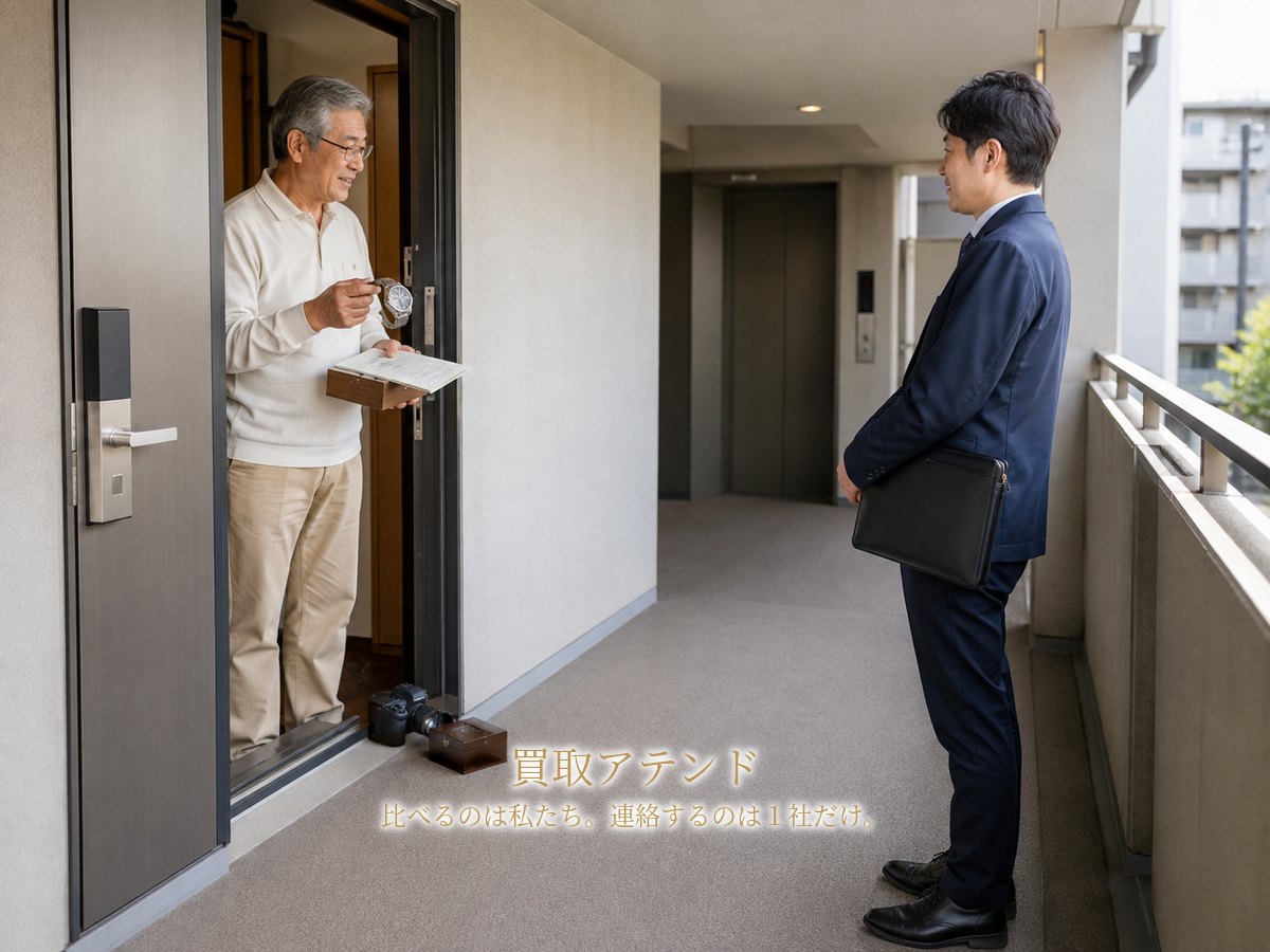 川崎市高津区の集合住宅玄関で行う出張買取査定のイメージ 川崎市高津区の集合住宅で住人が室内側、紹介先スタッフが共用廊下側から品物を確認するイメージ