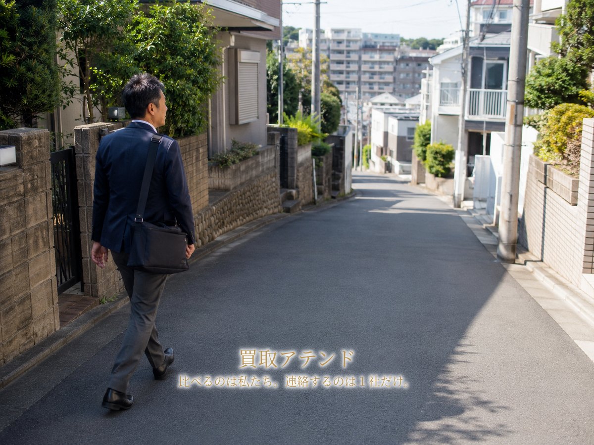 川崎市高津区の住宅街へ出張買取スタッフが訪問するイメージ 川崎市高津区の坂のある住宅街を出張買取スタッフが小型バッグで住宅へ向かうイメージ
