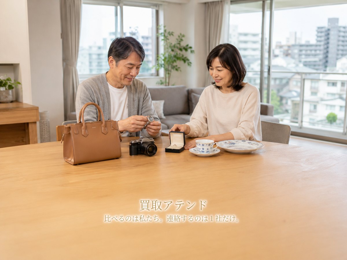 川崎市高津区で出張買取を相談できる品物のイメージ 川崎市高津区のマンションで日本人夫婦が時計やカメラ、バッグ、ジュエリー、食器を確認しているイメージ