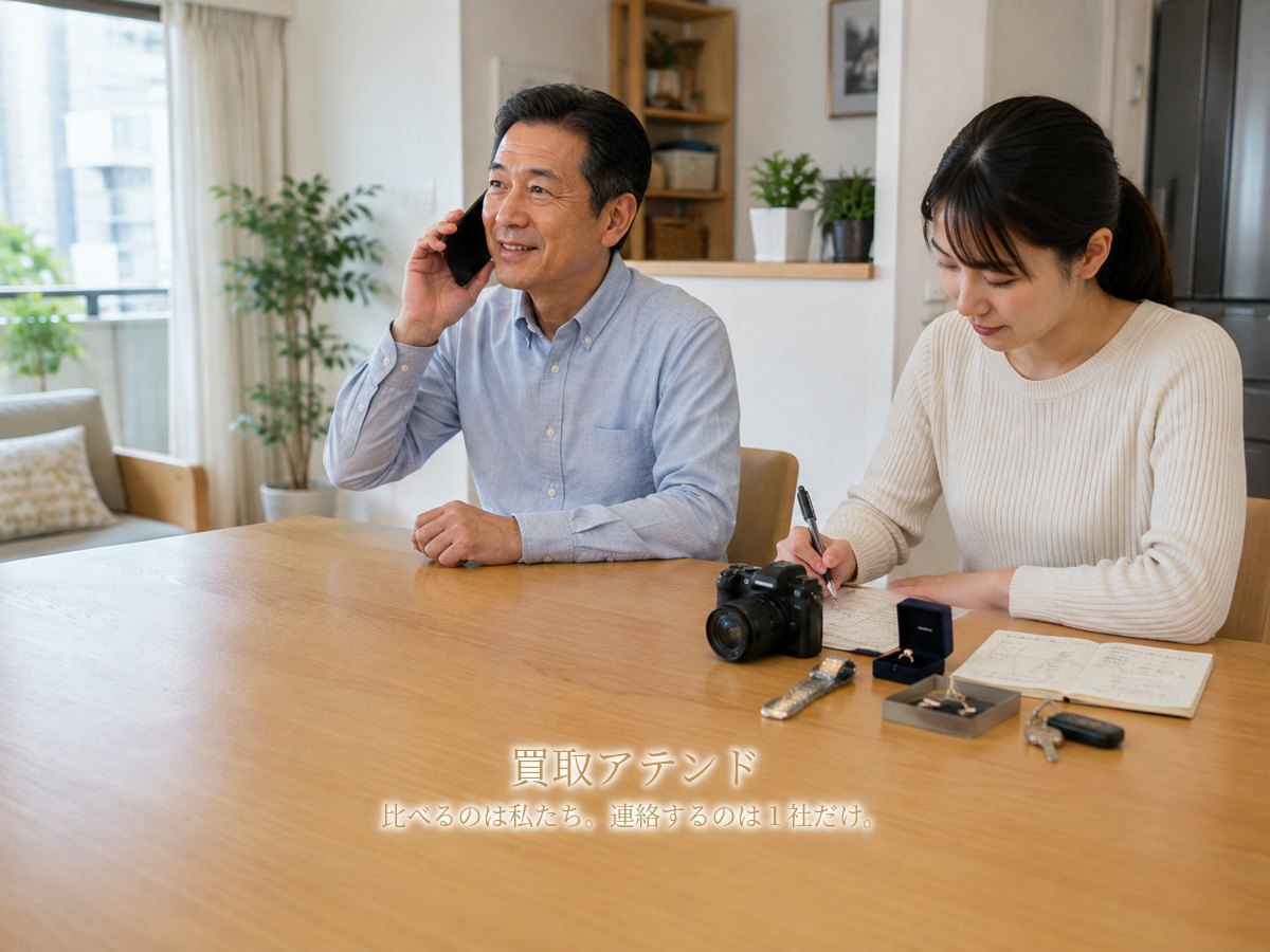 川崎市高津区の出張買取相談前に電話とメモで確認するイメージ 川崎市高津区の住宅で日本人家族が電話しながらカメラや時計、保証書、鍵、建物条件のメモを確認するイメージ