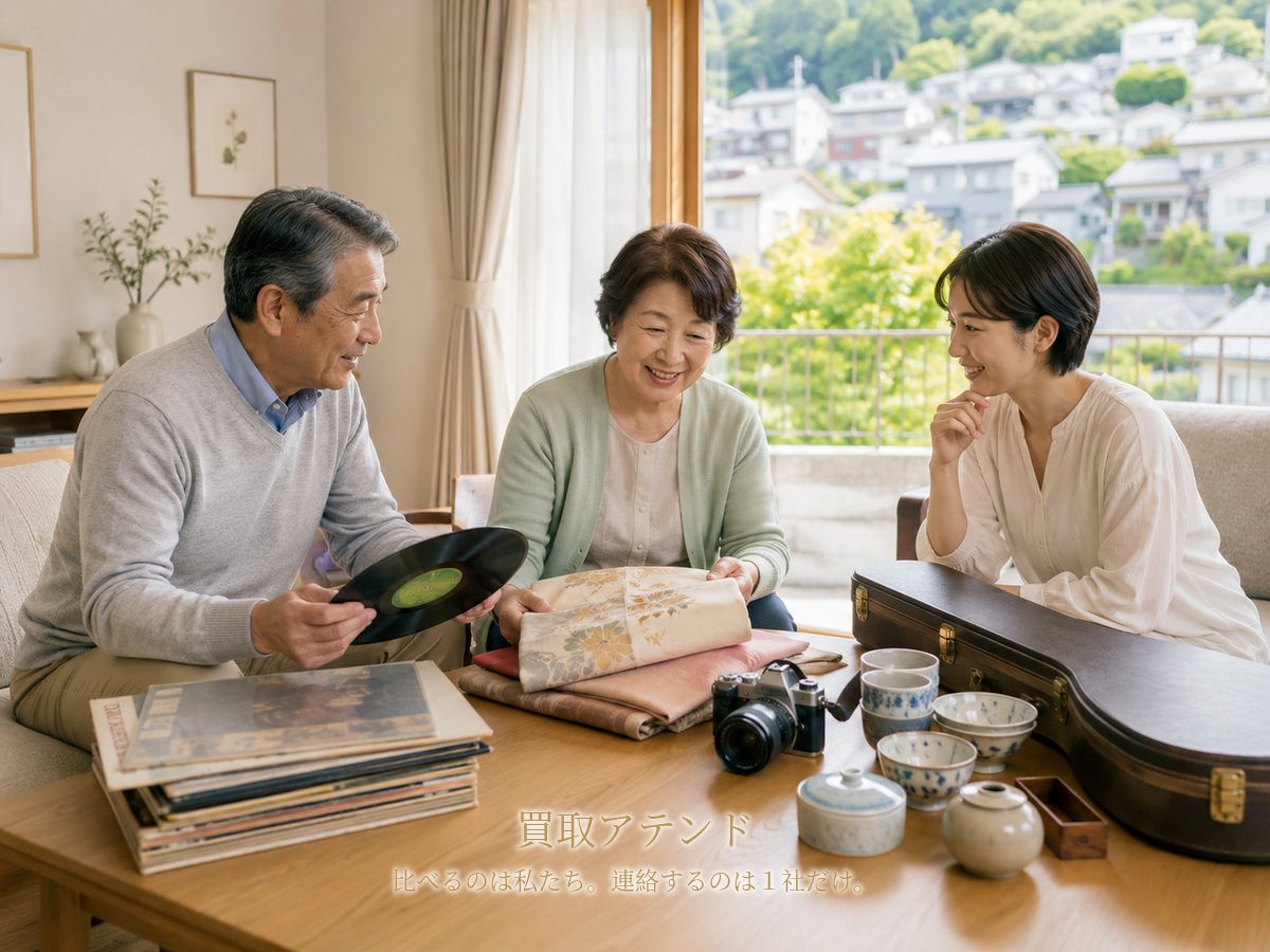 川崎市多摩区の住宅で日本人家族が着物や食器、カメラなど出張買取の相談品を整理している様子
