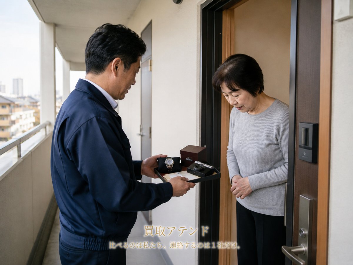 川崎市多摩区の集合住宅玄関で住人が室内側、出張買取スタッフが共用廊下側から品物を確認する様子