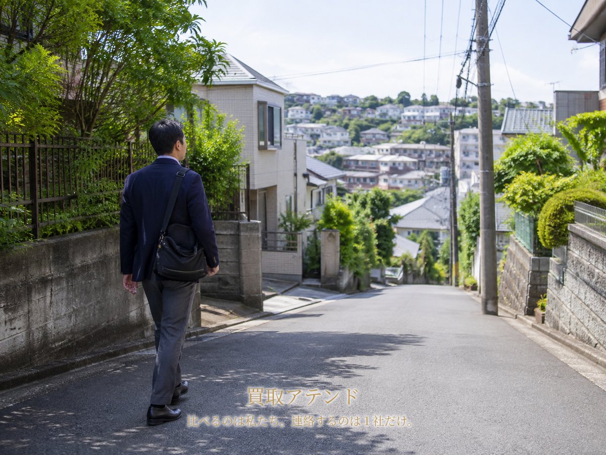 川崎市多摩区の坂道がある住宅街で日本人スタッフが出張買取の訪問先へ向かう様子