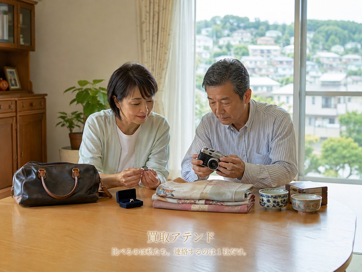 川崎市多摩区の住宅で日本人夫婦が時計やカメラ、着物など出張買取の相談品を確認している様子