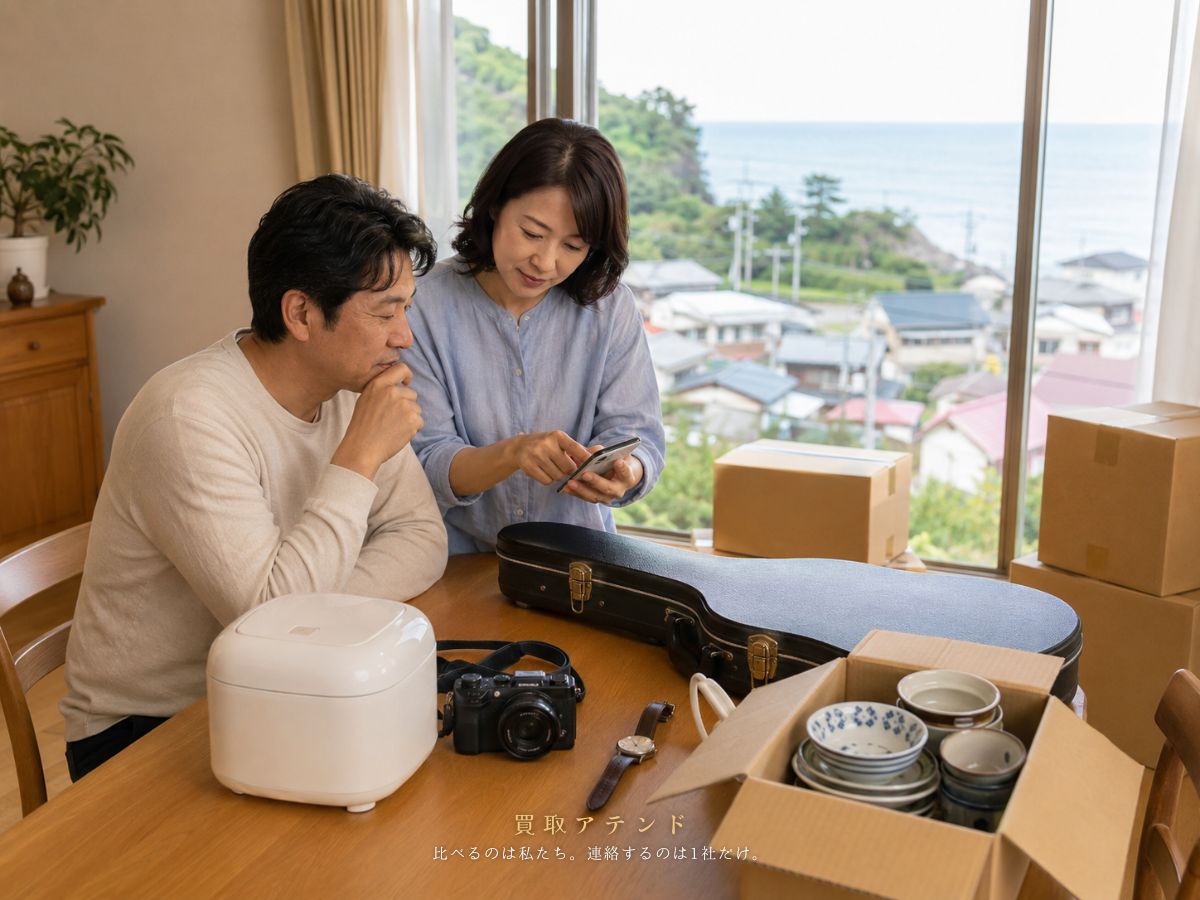 利島村の明るい戸建てで日本人夫婦が売却を検討する品物と写真を確認しているイメージ