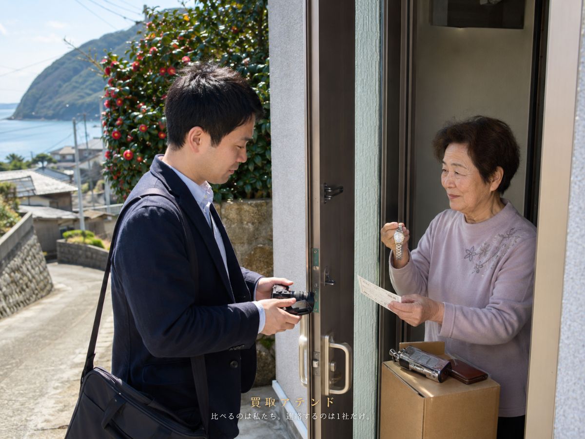 利島村の戸建て玄関外で日本人の買取スタッフと住人が品物を確認しているイメージ