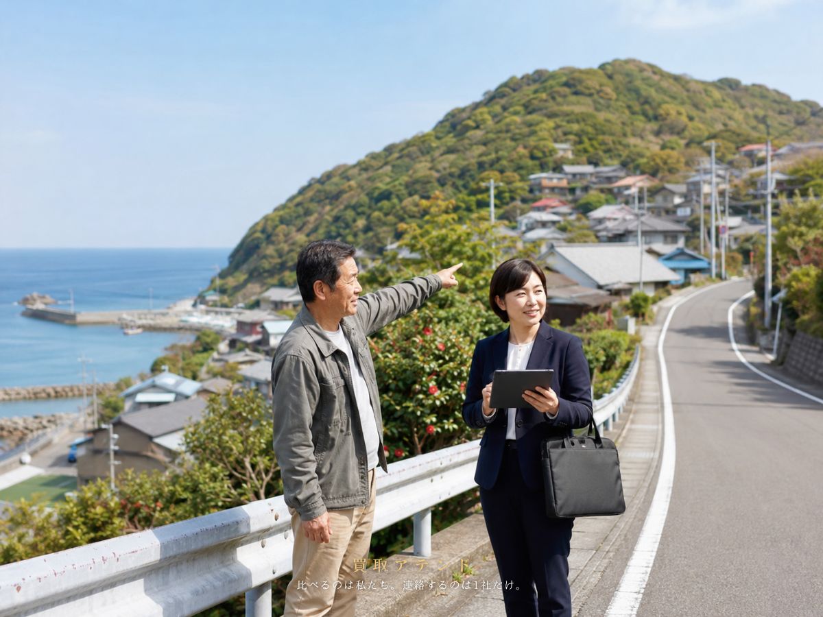 利島港と椿のある集落を背景に日本人住人が出張買取の訪問条件を確認しているイメージ