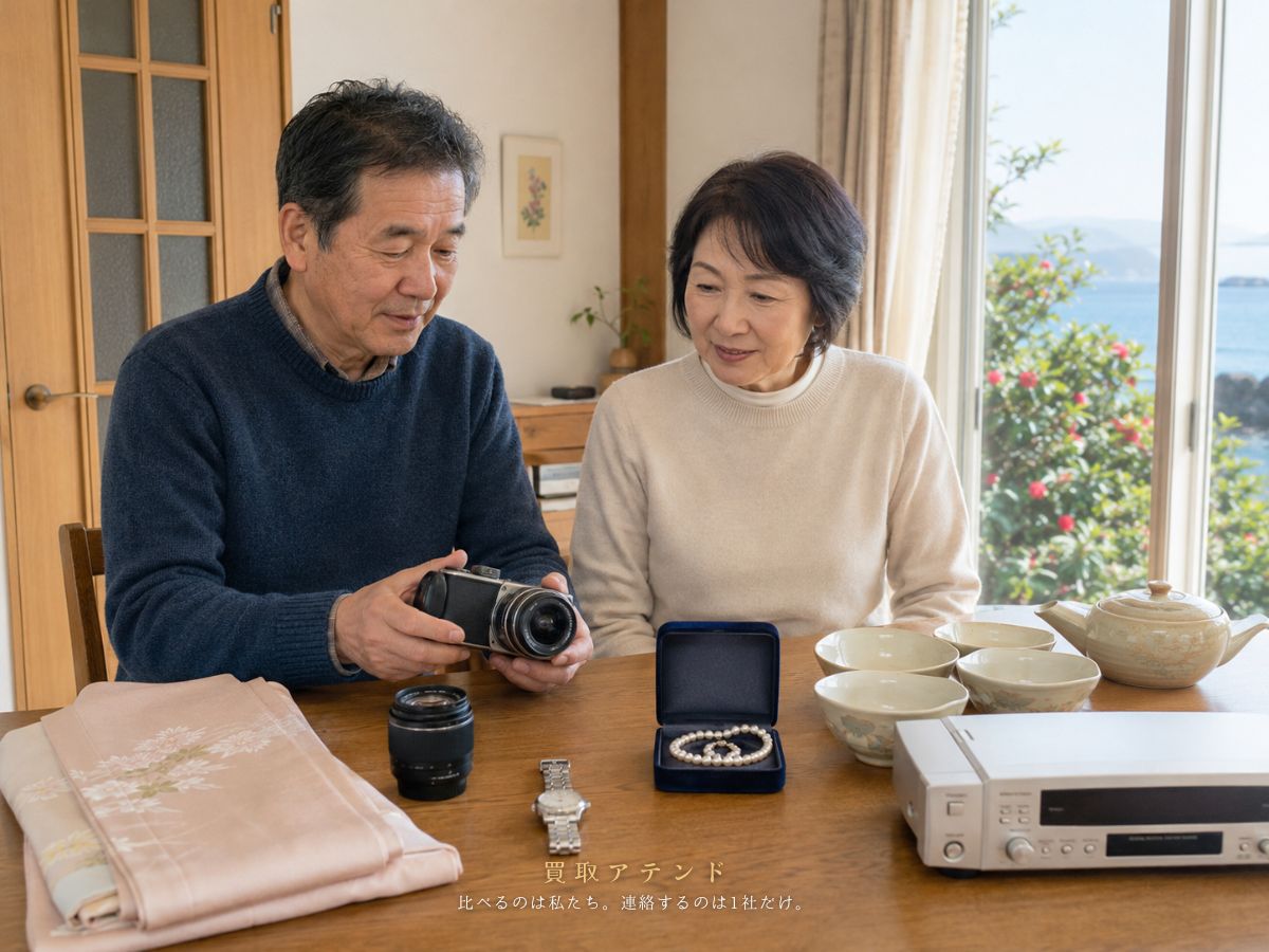 利島村で出張買取を相談できる時計やカメラや食器などの品物を確認する日本人家族のイメージ