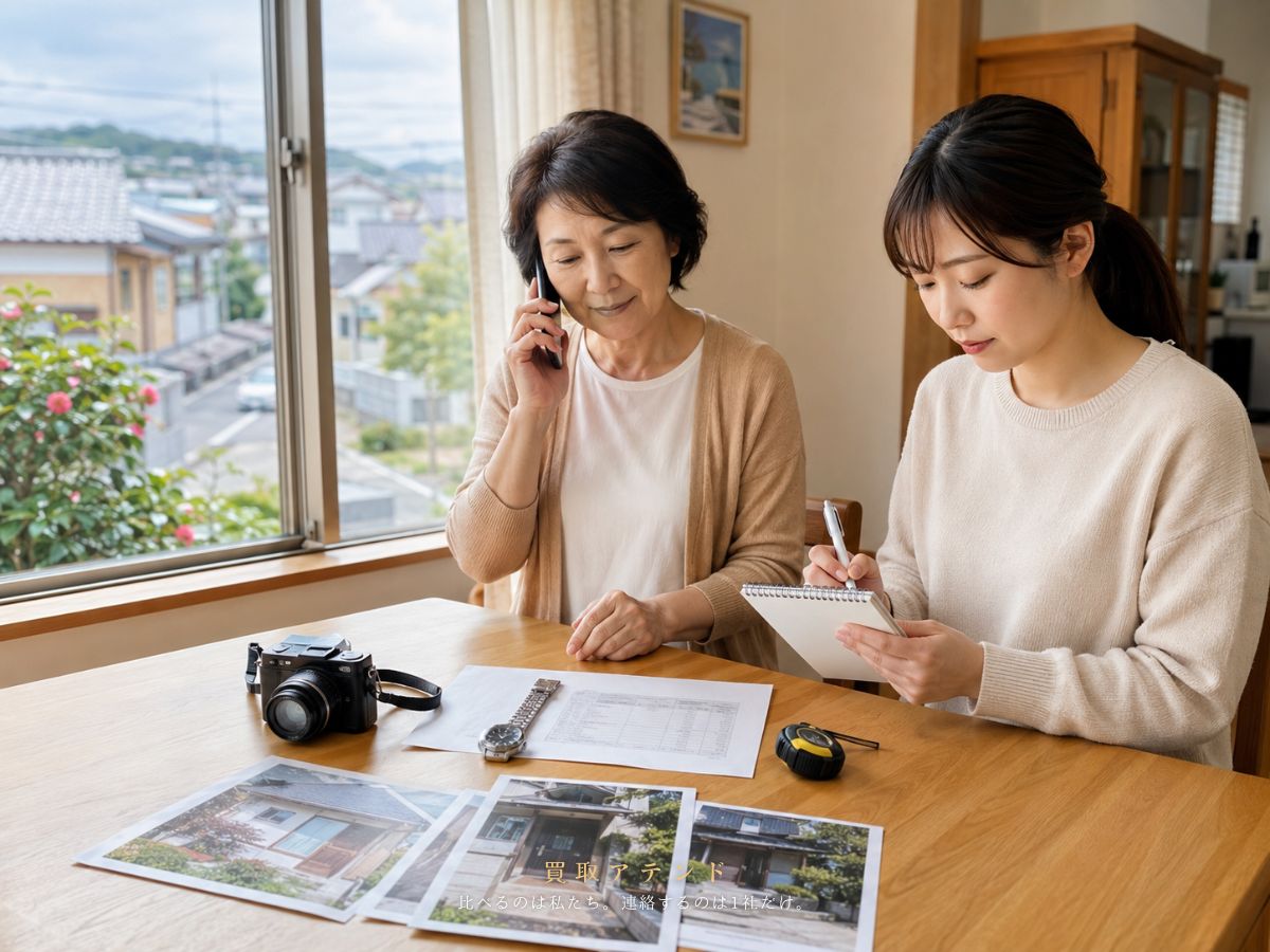 利島村の住宅で日本人親子が出張買取相談の品物や建物条件を電話とメモで確認しているイメージ