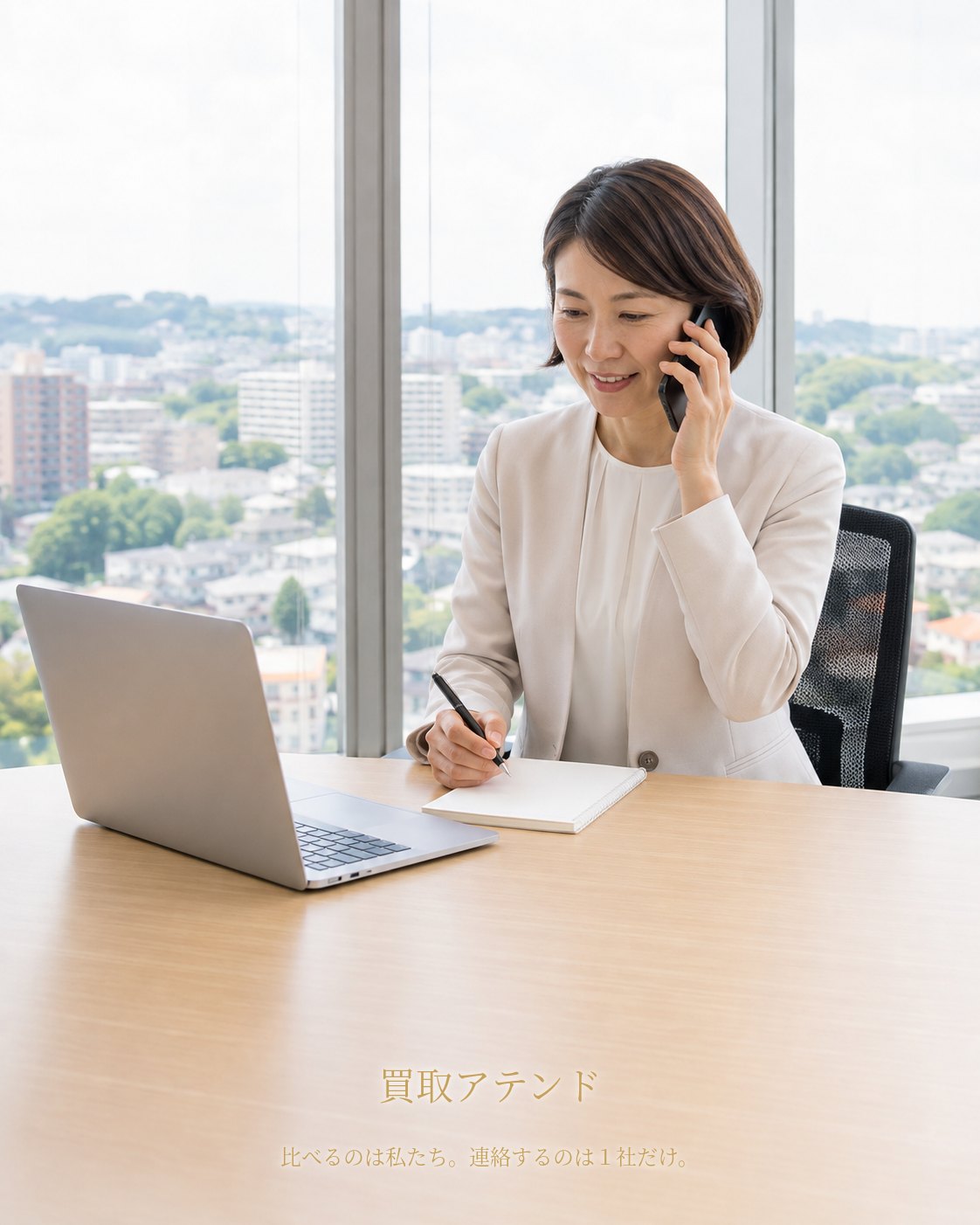 戸塚区の出張買取相談を電話確認するスタッフ 日本人女性スタッフが戸塚区の出張買取相談内容をオフィスで電話確認しているイメージ