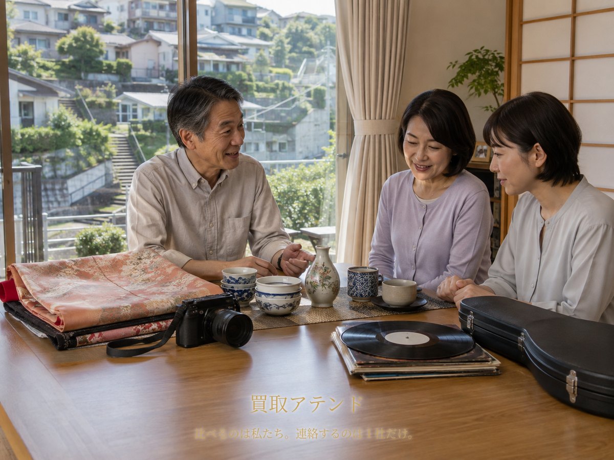 戸塚区の自宅で出張買取の相談品を確認するイメージ 戸塚区の坂のある戸建てで日本人家族が着物や食器、カメラ、レコード、楽器を確認しているイメージ