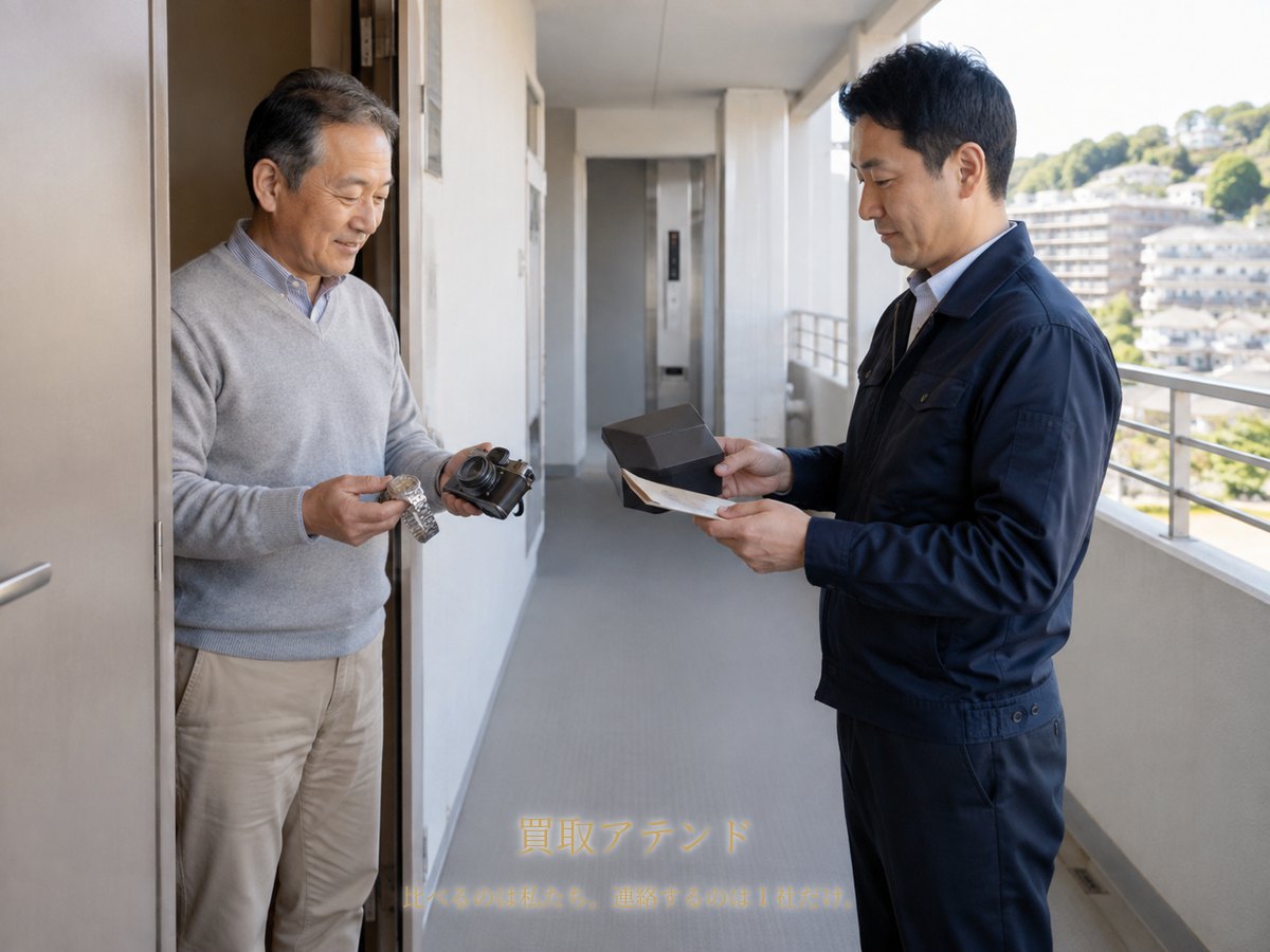 戸塚区の集合住宅玄関で行う出張買取査定のイメージ 戸塚区の集合住宅の玄関で住人が室内側、紹介先スタッフが共用廊下側から時計やカメラを確認しているイメージ