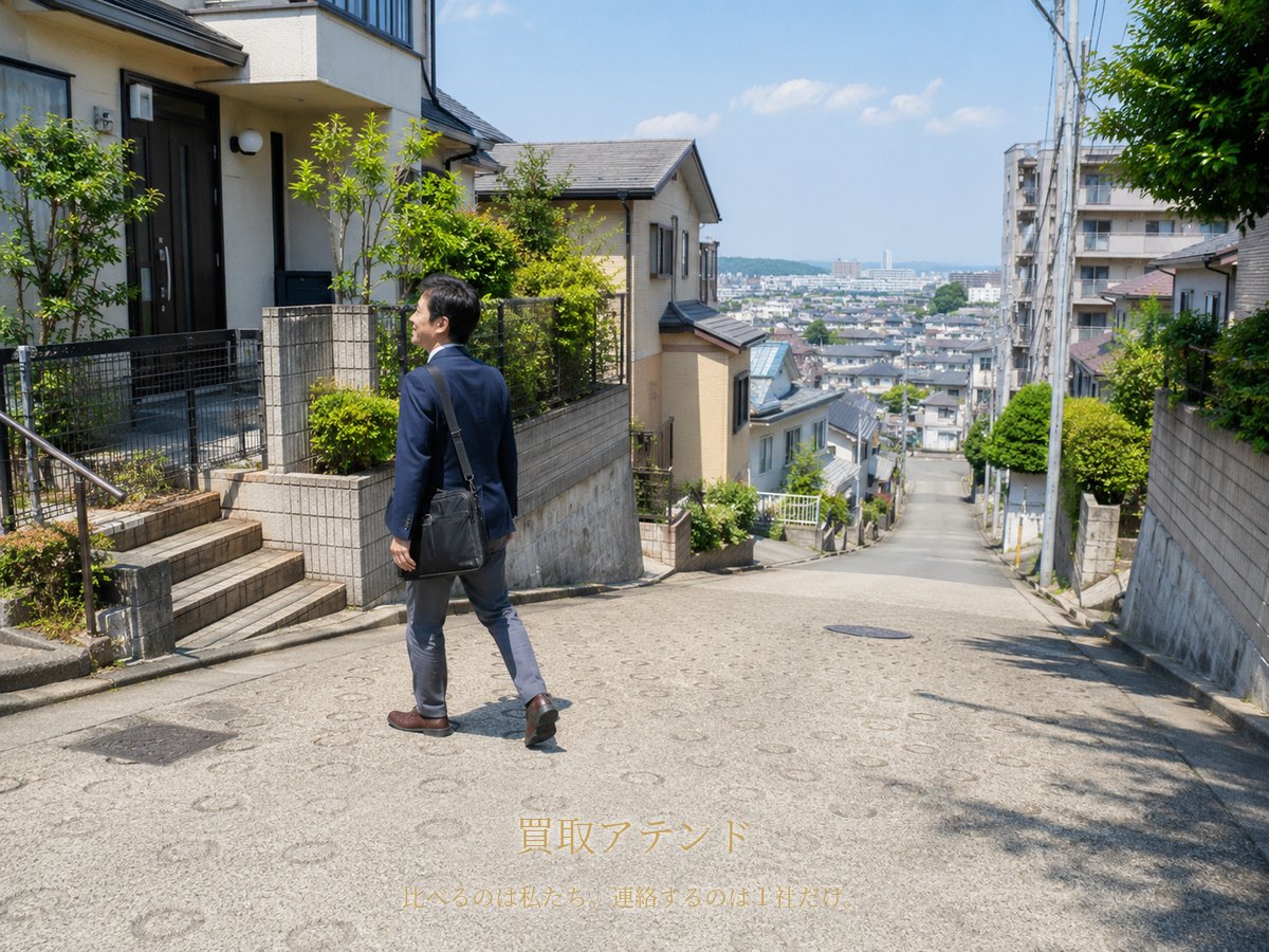戸塚区の住宅街へ出張買取スタッフが訪問するイメージ 日本人スタッフが戸塚区の坂と階段のある住宅街を歩いて出張買取の訪問先へ向かうイメージ