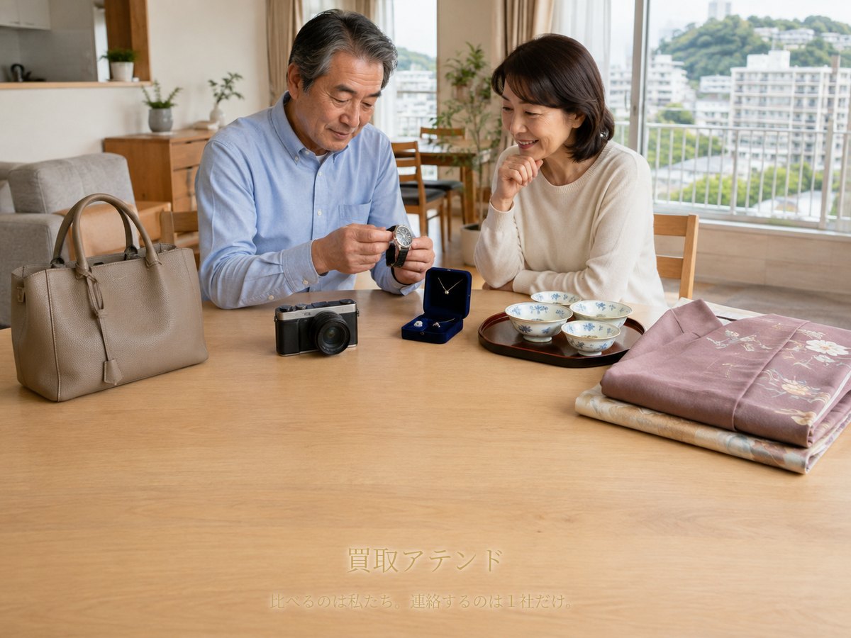 戸塚区の出張買取で相談する品物のイメージ 戸塚区の集合住宅で日本人夫婦が時計やカメラ、バッグ、ジュエリー、食器、着物を確認しているイメージ