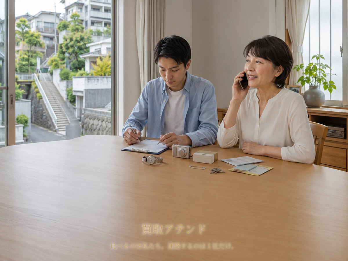 戸塚区の出張買取相談前に品物と建物条件を確認するイメージ 日本人家族が戸塚区の自宅で電話しながら時計やカメラ、保証書、鍵と建物条件を確認しているイメージ