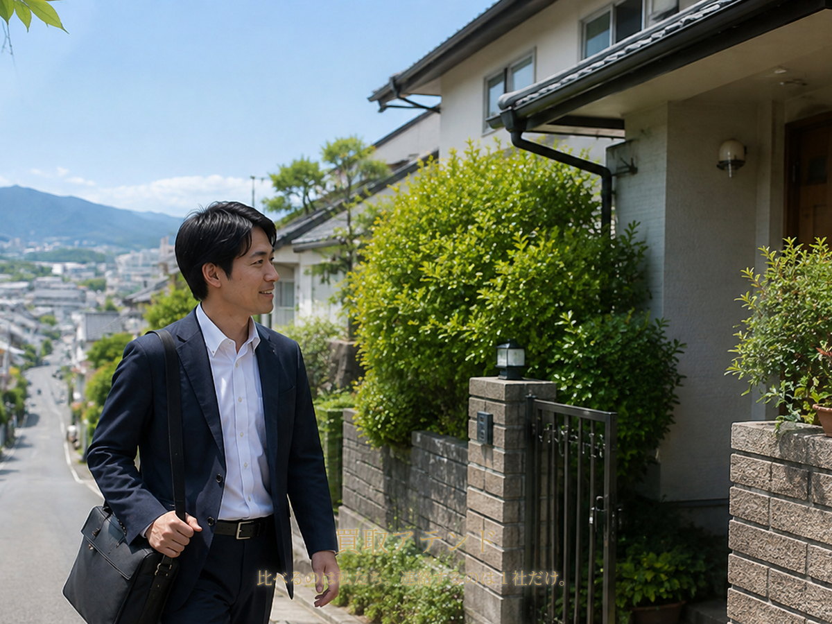 鶴見区の住宅街へ出張買取スタッフが訪問するイメージ 日本人スタッフが鶴見区の坂のある住宅街で戸建ての訪問先へ向かうイメージ