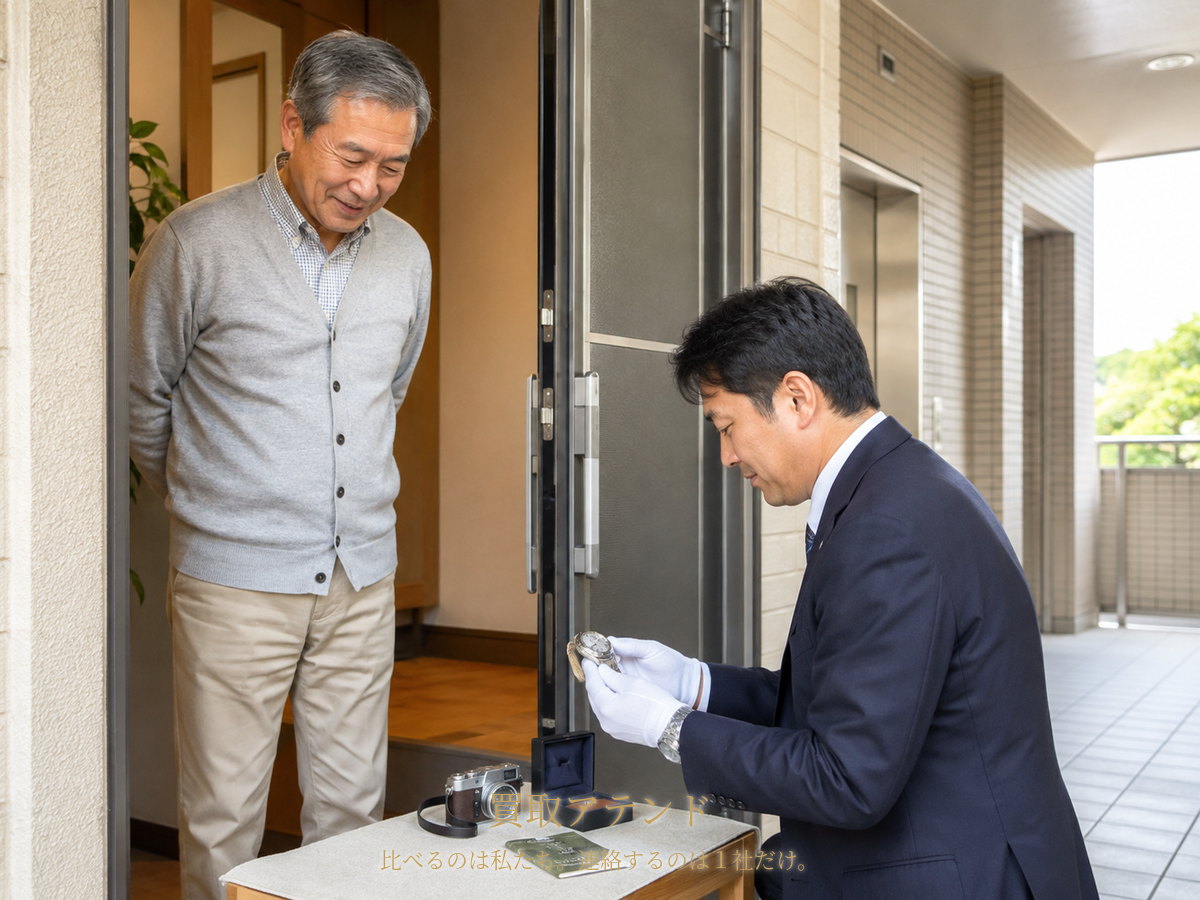 都筑区の集合住宅玄関で住人が室内側、出張買取スタッフが共用廊下側から時計を確認しているイメージ