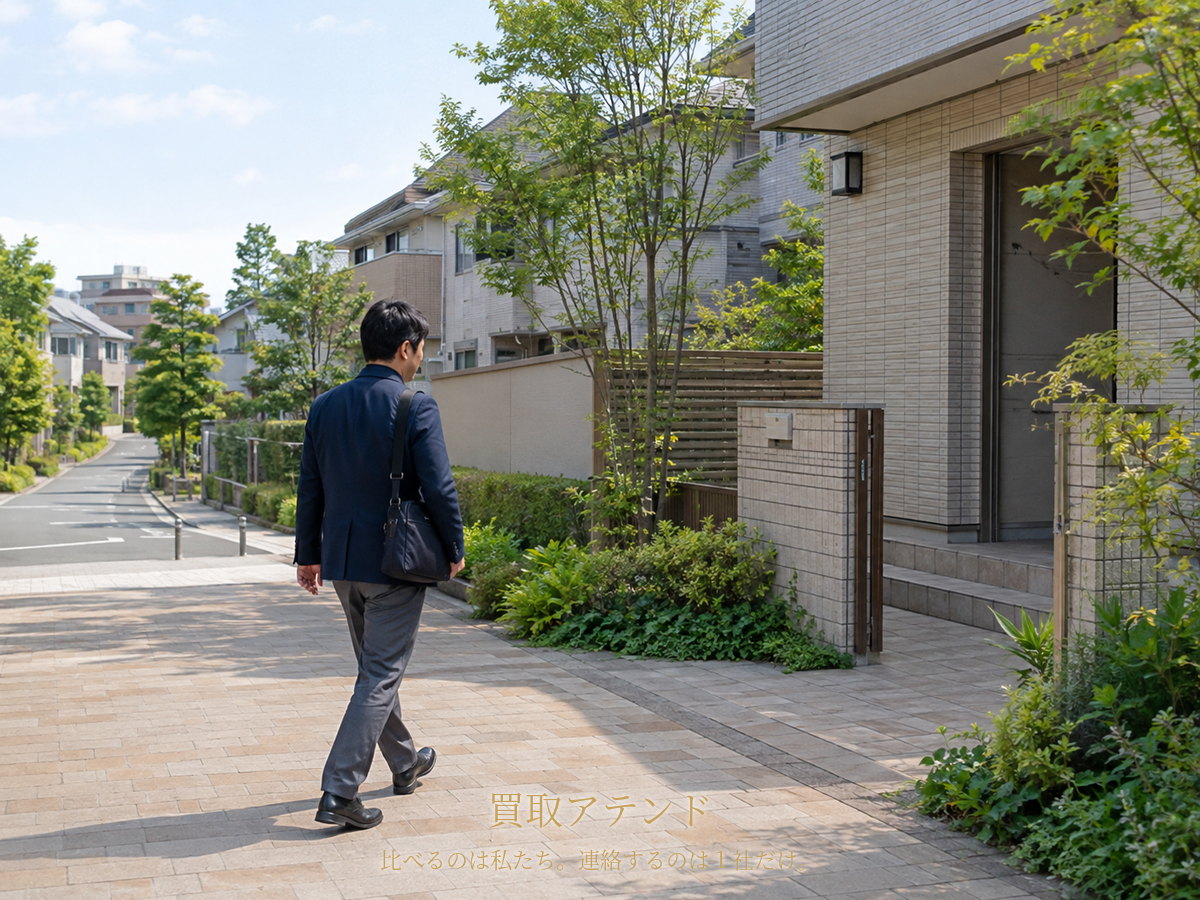 都筑区の港北ニュータウンの住宅街で日本人スタッフが戸建て住宅へ向かっているイメージ