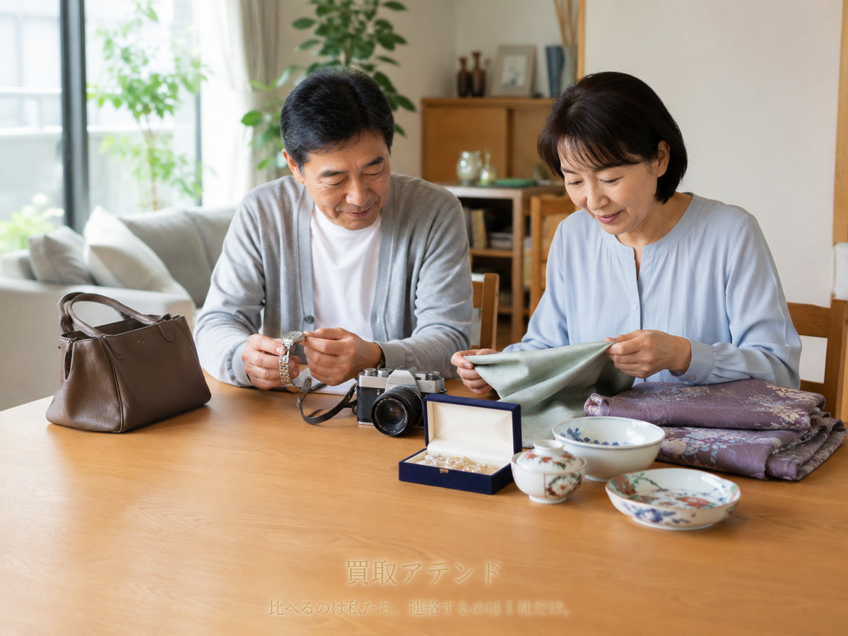日本人夫婦が都筑区の自宅で時計やカメラ、着物、ジュエリー、食器などの売却候補を確認しているイメージ