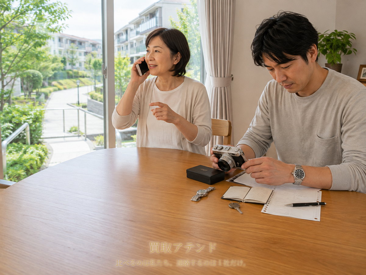 日本人家族が都筑区の集合住宅で電話をしながらカメラや時計、保証書、鍵、建物条件を確認しているイメージ