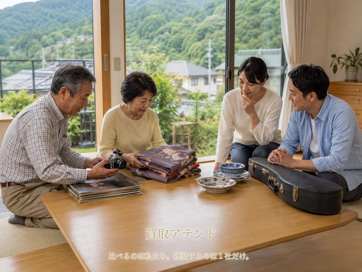 山北町の自宅で出張買取の相談品を確認するイメージ 山北町の戸建てで日本人家族が着物や食器、カメラ、レコード、楽器ケースを確認しているイメージ