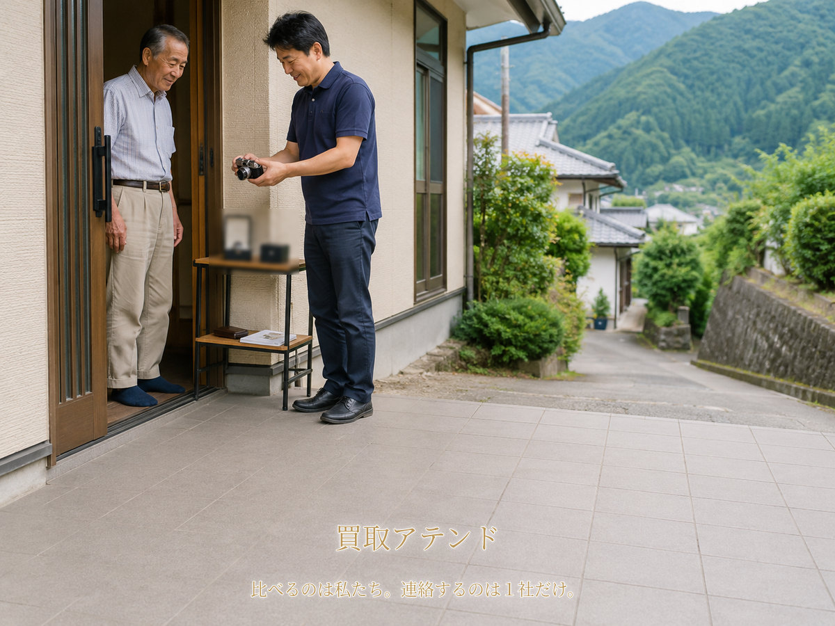 山北町の玄関で行う出張買取査定のイメージ 山北町の戸建て玄関で住人が室内側、紹介先スタッフが屋外側からカメラや時計を確認するイメージ
