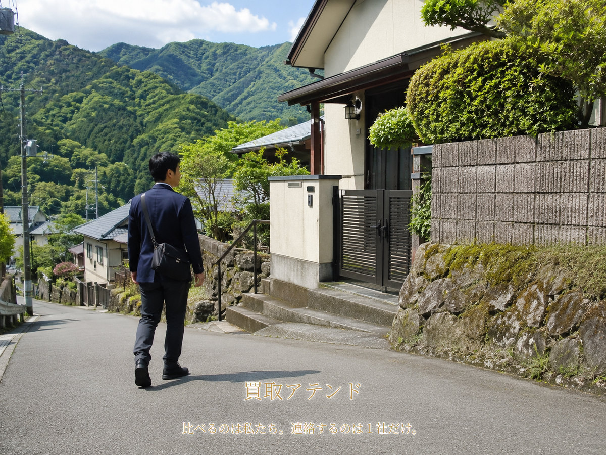 山北町の住宅地へ出張買取スタッフが訪問するイメージ 山北町の山あいの住宅地で日本人スタッフが小型バッグを持って戸建てへ向かうイメージ
