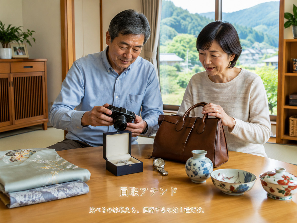 山北町で出張買取を相談できる品物のイメージ 山北町の戸建てで日本人夫婦がカメラやバッグ、時計、ジュエリー、着物、食器を確認しているイメージ