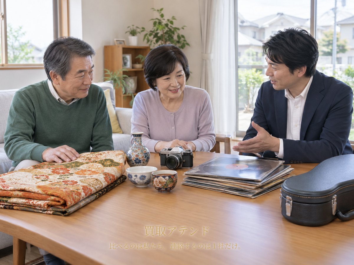 大和市の戸建て住宅で日本人のシニア夫婦と家族が着物、食器、カメラ、レコード、楽器ケースを確認しているイメージ