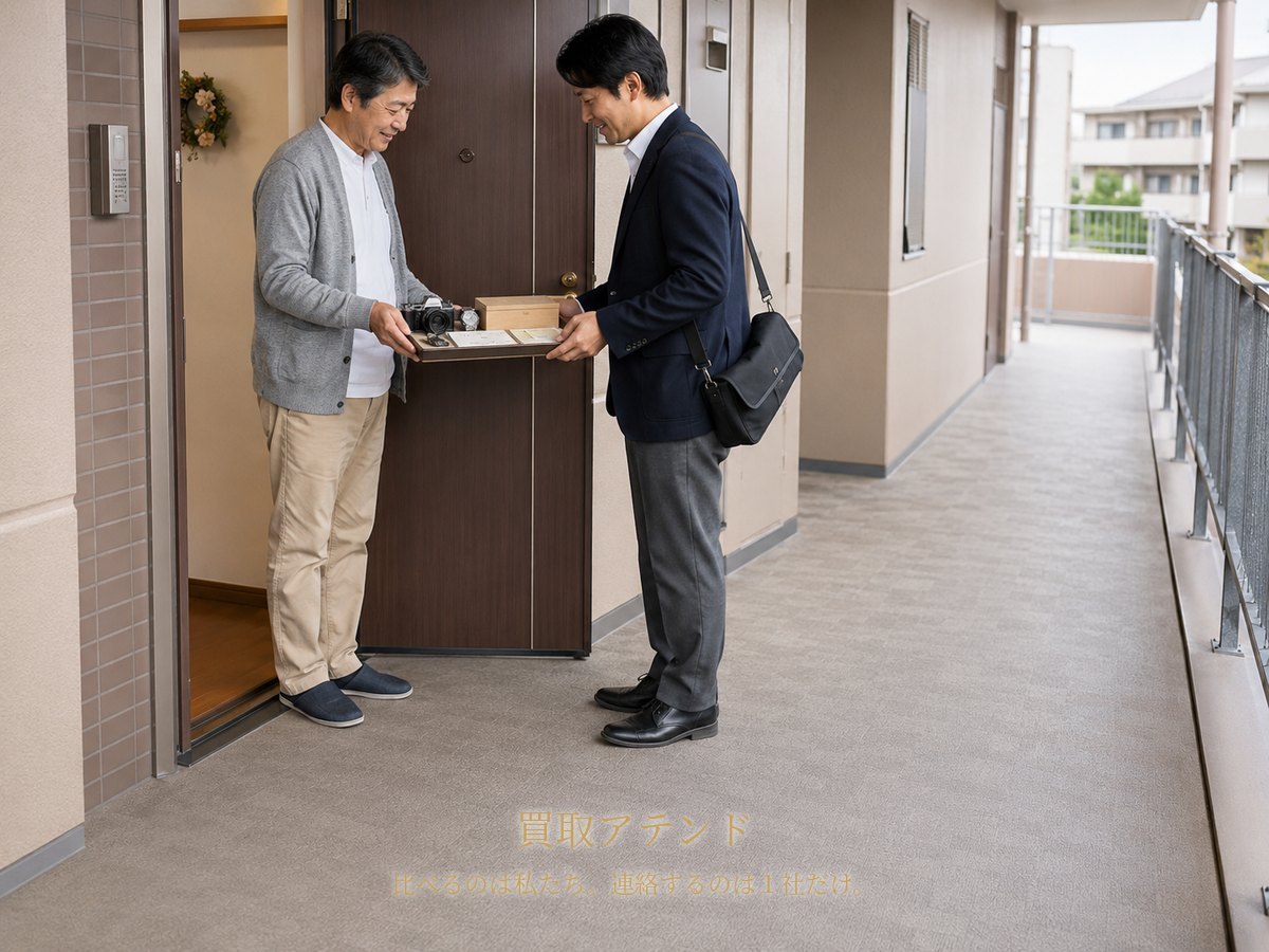 大和市の集合住宅の玄関で住人が室内側、紹介先スタッフが共用廊下側から時計やカメラを確認するイメージ