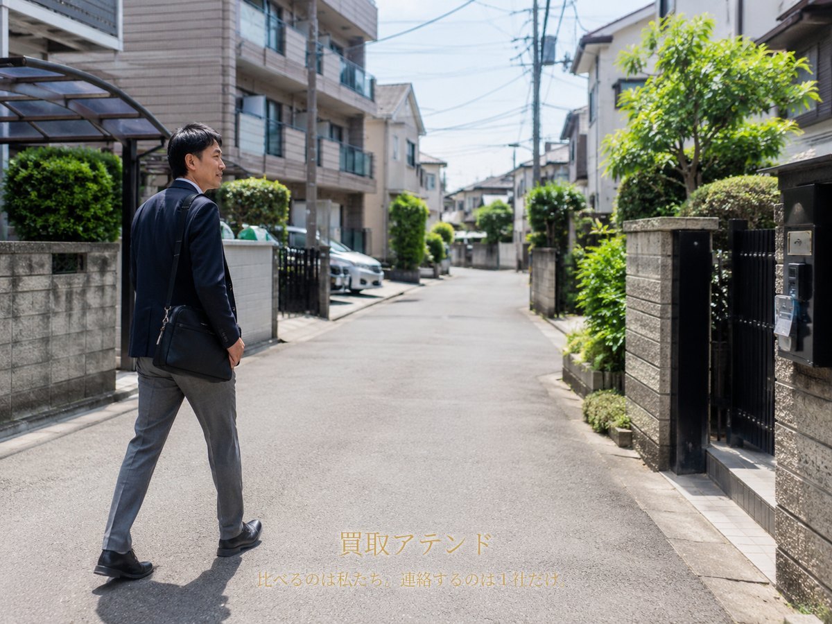 大和市の低層住宅と集合住宅が混在する住宅街で日本人スタッフが小型バッグを持って訪問先へ向かうイメージ