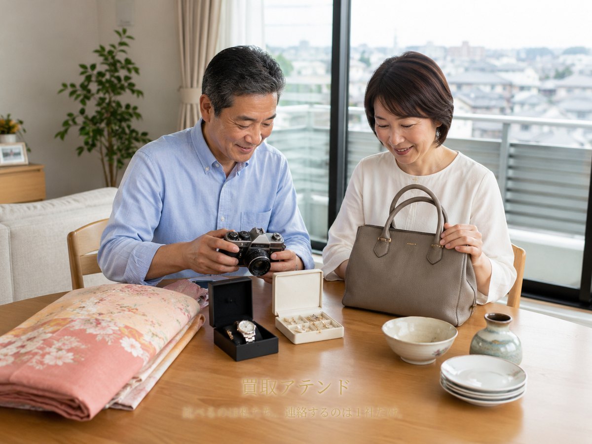大和市の明るい自宅で日本人夫婦がバッグ、時計、カメラ、ジュエリー、食器などの相談品を確認しているイメージ