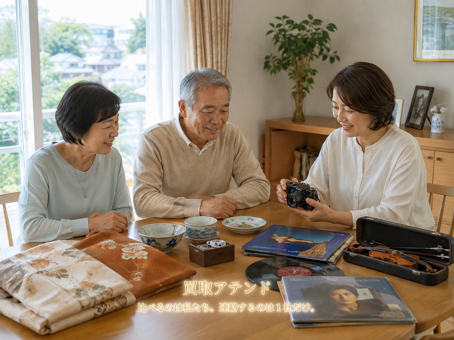 横浜市緑区の住宅玄関で住人が出張買取の訪問条件を紹介先スタッフに相談しているイメージ