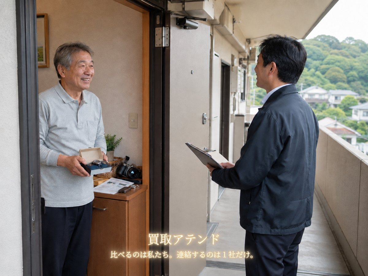 横浜市緑区の集合住宅玄関で住人が室内側、紹介先スタッフが共用廊下側から品物を確認するイメージ