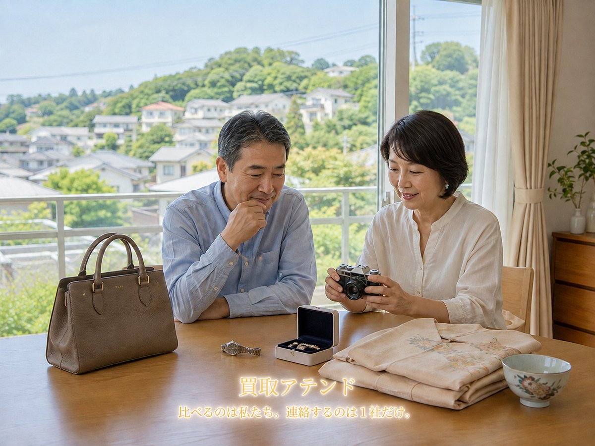 横浜市緑区の住宅で日本人夫婦が時計やカメラ、バッグ、着物、食器を確認しているイメージ