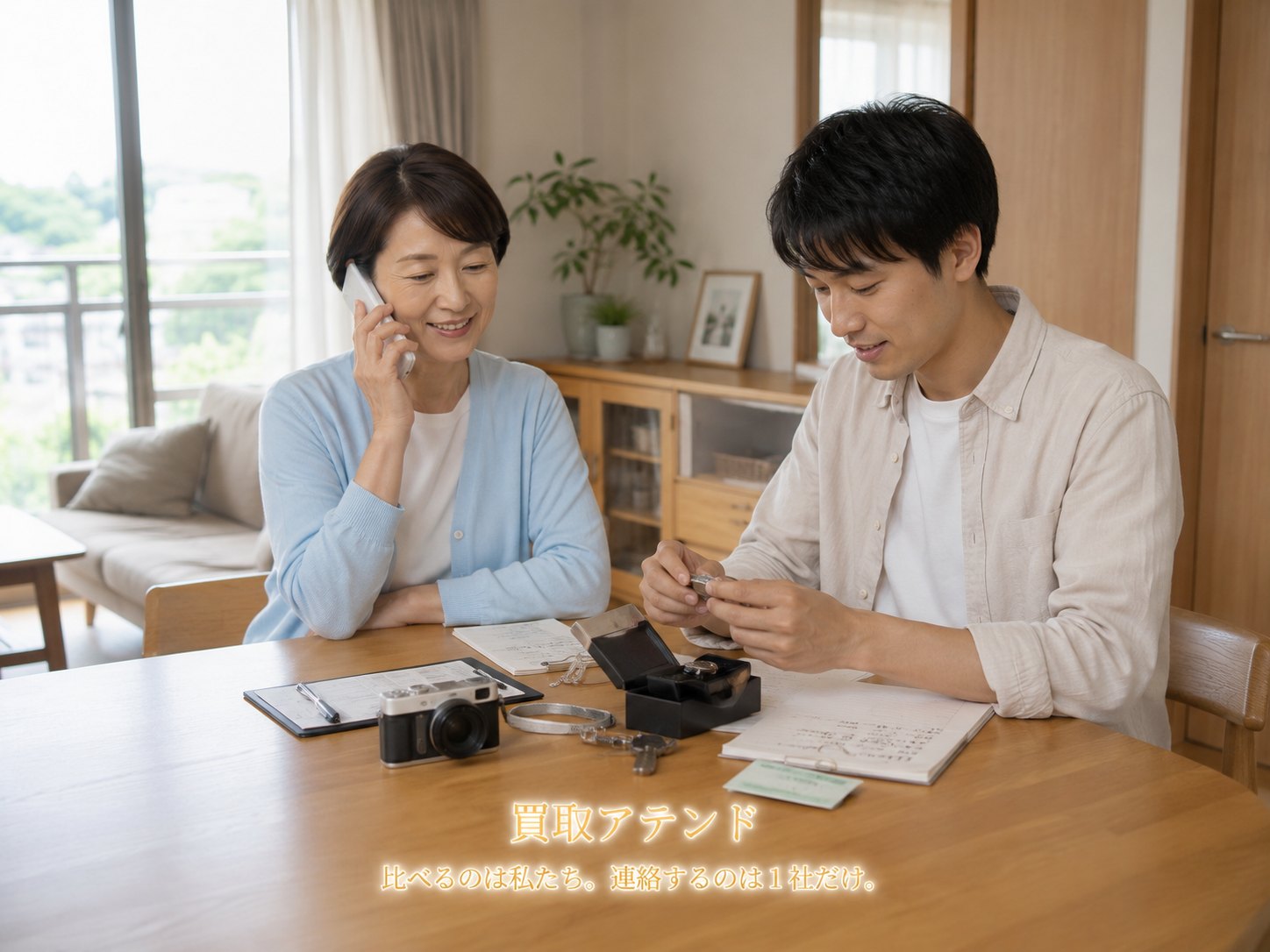 日本人女性が横浜市緑区の出張買取相談前に電話をしながらメモを確認しているイメージ