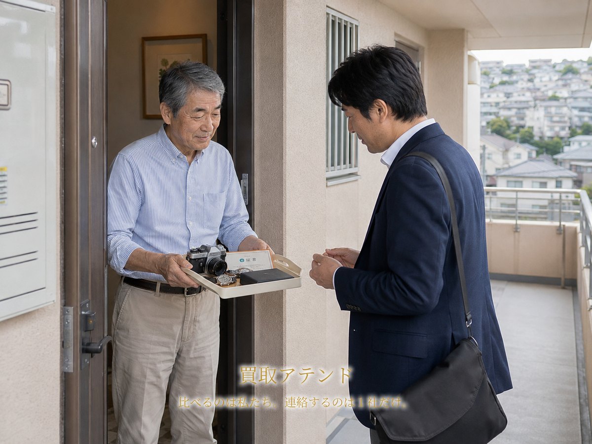 横須賀市の玄関で行う出張買取査定 横須賀市の住宅玄関で住人と紹介先スタッフが品物と付属品を確認するイメージ