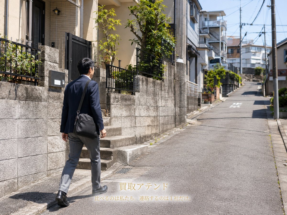 横須賀市の住宅地へ出張買取スタッフが訪問 横須賀市の住宅地で出張買取スタッフが玄関へ向かうイメージ