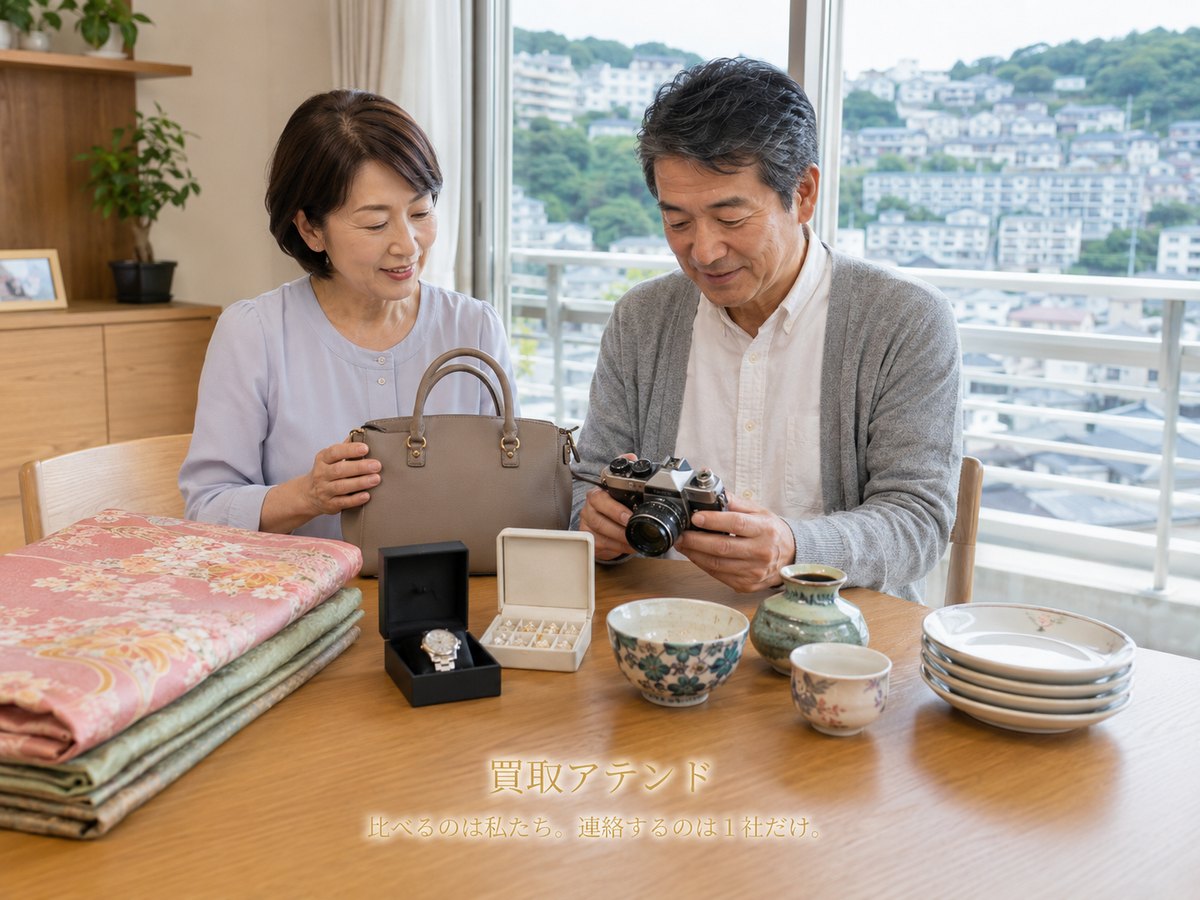 横須賀市の出張買取で相談できる品物 横須賀市の自宅で日本人夫婦が時計やカメラ、バッグ、ジュエリー、食器、着物を確認するイメージ