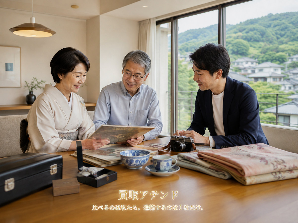 湯河原町の住宅で日本人夫婦が出張買取を相談する品物を確認しているイメージ