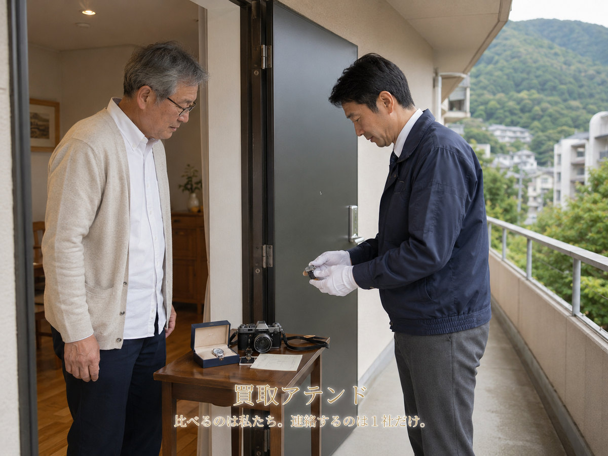 湯河原町の集合住宅玄関で住人が室内側、出張買取スタッフが共用廊下側から確認しているイメージ