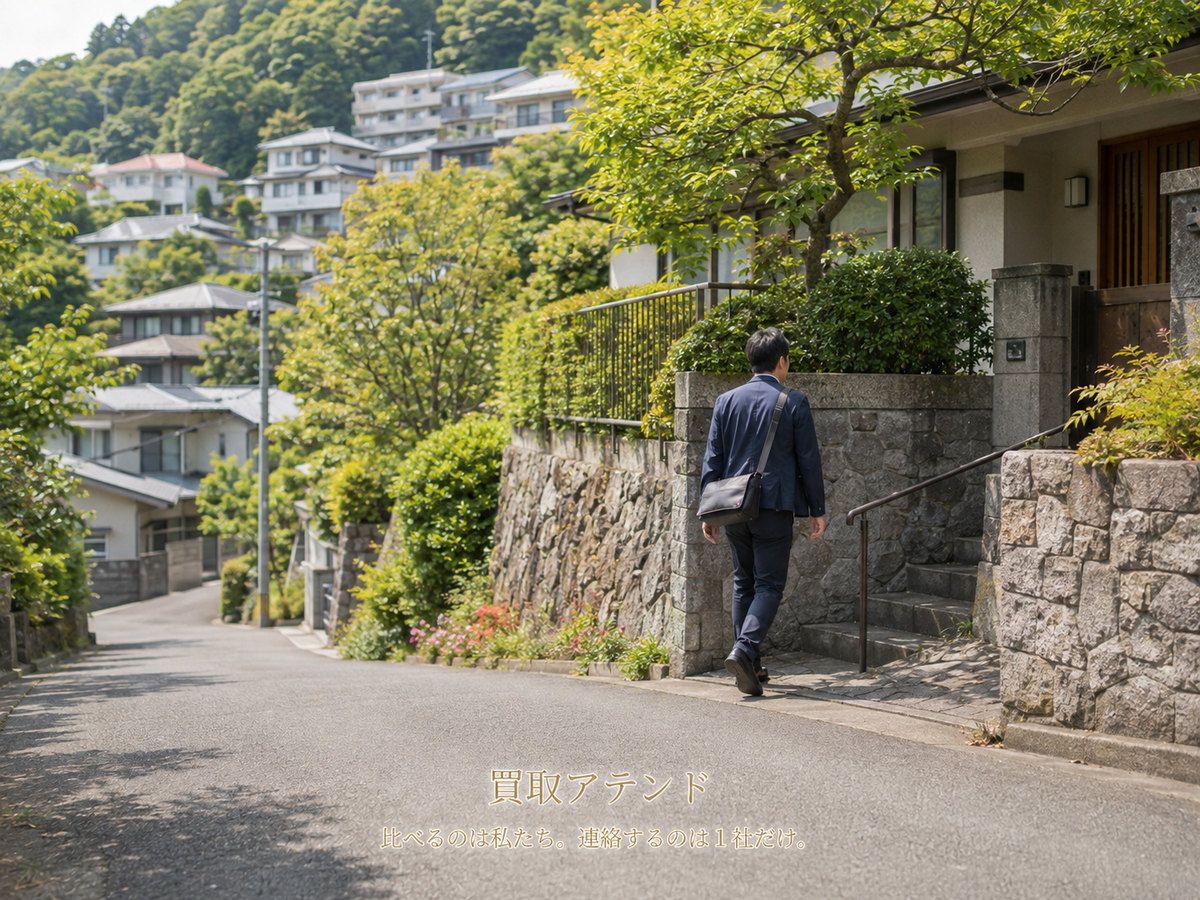 湯河原町の坂のある住宅地を日本人スタッフが小型バッグで訪問するイメージ