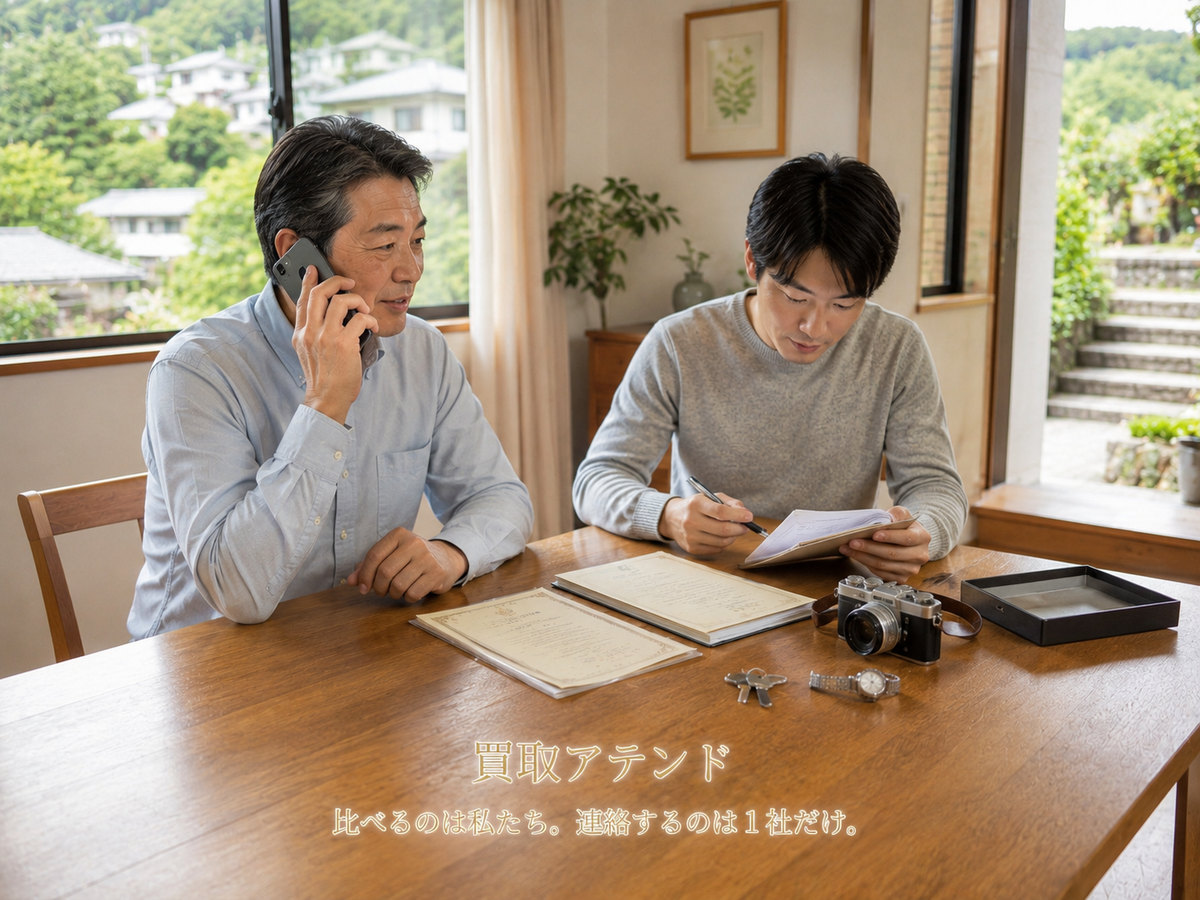 日本人女性が湯河原町の出張買取相談前に電話とメモ、建物条件を確認しているイメージ