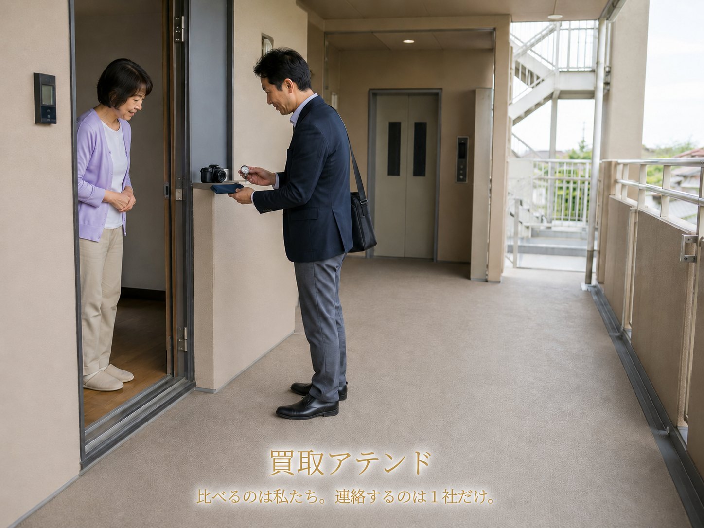 座間市の集合住宅玄関で行う出張買取査定のイメージ 座間市の集合住宅で住人が室内側、紹介先スタッフが共用廊下側から時計やカメラを確認しているイメージ